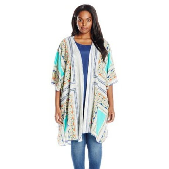 Democracy Aqua Blue Medallion Kimono Open Front Cardigan - Picture 1 of 9